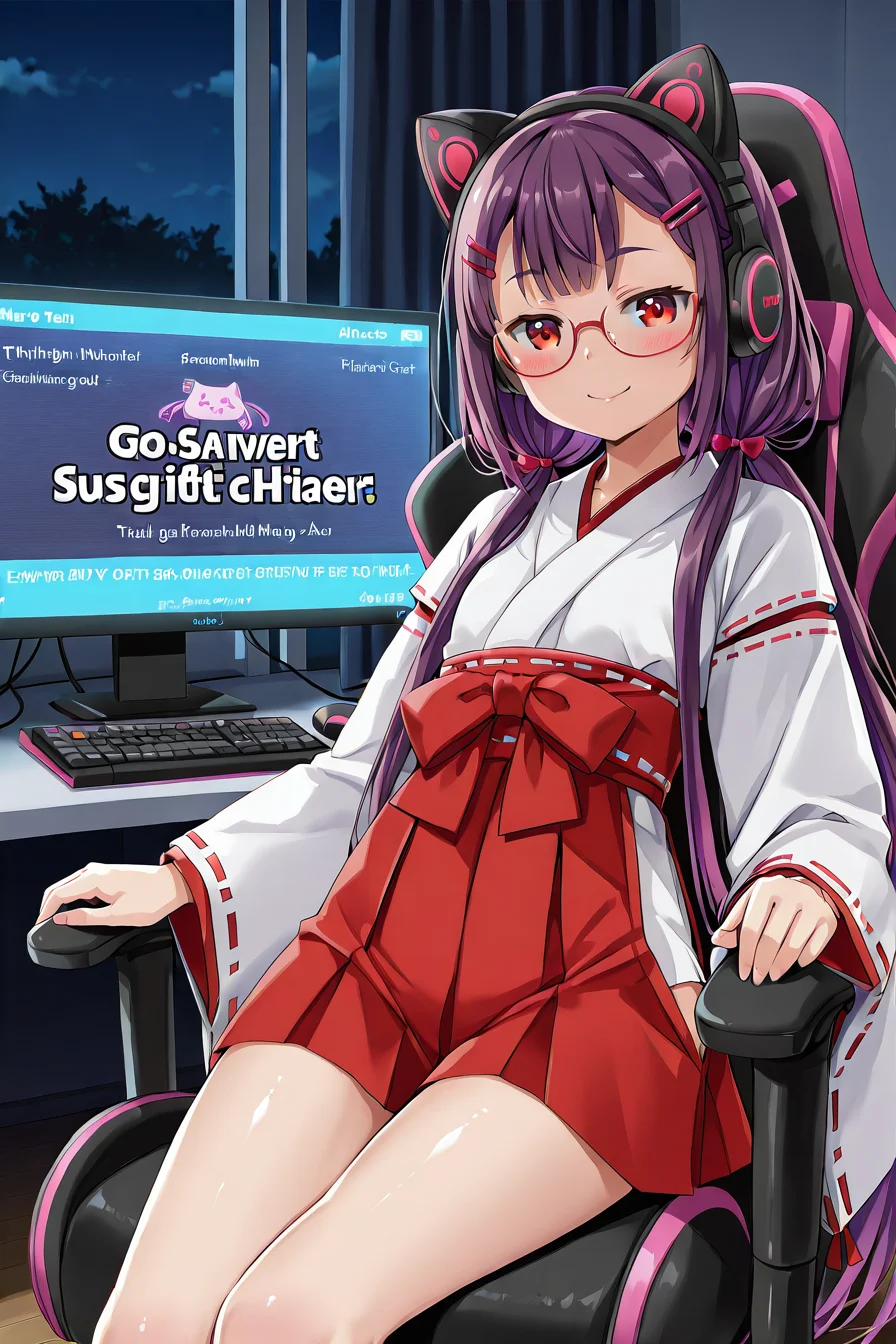 detailed background, shiny skin, posing,
<lora:natsueri.il:1.0>,
natsueri,
miko, gaming chair, streaming, 
night, indoor,, (purple hair:1.2), very long hair, low pigtails,
red eyes, glasses, hairpin, glowing cat headphones,  
hairpin,