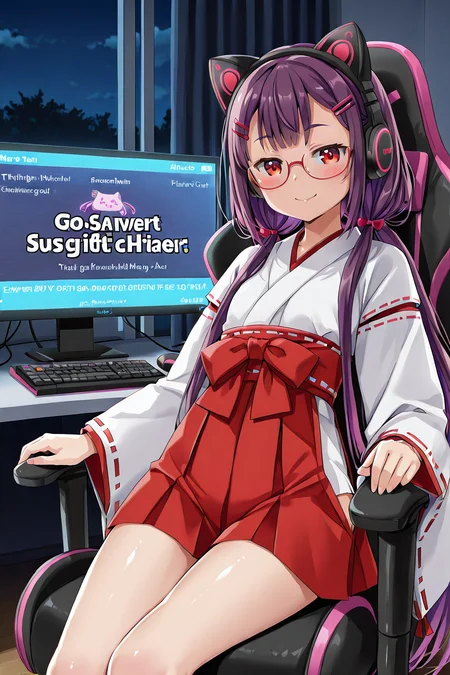 detailed background, shiny skin, posing,
<lora:natsueri.il:1.0>,
natsueri,
miko, gaming chair, streaming, 
night, indoor,, (purple hair:1.2), very long hair, low pigtails,
red eyes, glasses, hairpin, glowing cat headphones,  
hairpin,