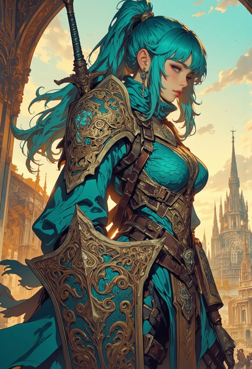 intricate linework with expressive contrasts, soft lighting with dynamic highlights, Impressionistic, ligne claire outlines for clarity and structure, In the style of ff-td, this digital artwork portrays an asian female fantasy knight, irridescent cyan dragonscale armour, bangs, long bright blue bioluminescent hair with sidelocks and a high ponytail, holding a shield embossed with a dragon motif, a sword in its scabbard at her waist, ancient fantasy city, golden hour, directional lighting