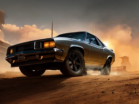 cel shading, thick black outline, flat color, (highres:1.1), best quality, (masterpiece:1.3), beautiful lighting, intricate (high detail:1.2), 1girl, (mad max fury road:1.1) , (apocalypse:1.1), muscle (cars), wastelands, a highly detailed epic cinematic concept art CG render digital painting artwork, anime screencap, no humans,