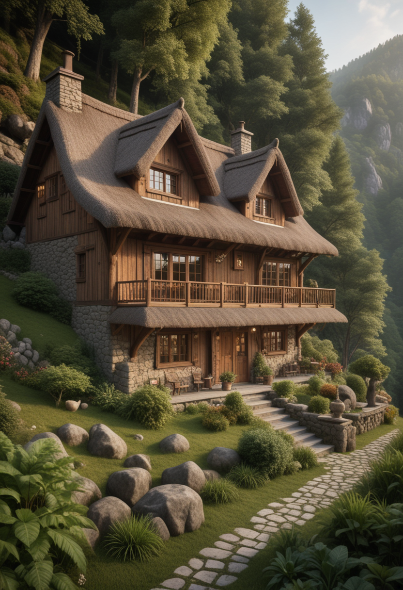 (medium full shot) of (elegant house) with wood brown exterior, cottage, thatched roof, sliding windows, antique doors, garden statues, located in  a remote mountain cabin, with panoramic views, dense forests, rugged terrain, peaceful solitude, at dawn, Masterpiece,best quality, photo, realistic, very aesthetic,
