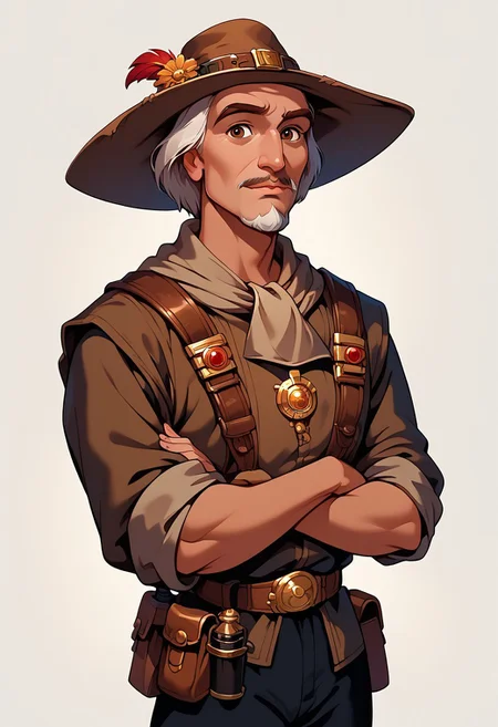 score_9, score_8_up, score_7_up, mgas, masterpiece, best quality, detailed eyes, detailed face, perfect eyes, high detailed, absurdres, highres, casual game art, mobile game art, merge 3 game art, character design, BREAK 1boy, man, elderly, old, solo, stern, sheriff, white hair, brown eyes, beard and mustache, short hair, brown eyebrows, sheriff's suit, black sheriff's hat, sheriff's badge on the left side of the chest, white sheriff's shirt with black shoulder straps, brown wide belt with gold buckle, holster with a pistol on the belt, bullets in the pockets on the belt, black trousers BREAK arms crossed over his chest, standing, cowboy shot, semi-sideways, half-sideways, looking at viewer, BREAK simple background, white background