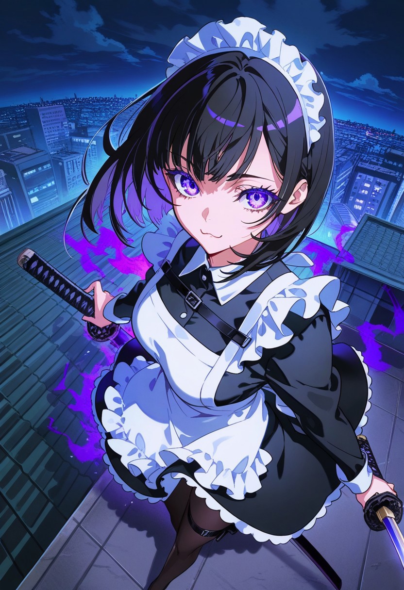masterpiece, best quality, amazing quality, very aesthetic, absurdres, newest, high resolution, very awa, ultra-detailed, (scenery, volumetric lighting, detail, high contrast), (yoneyama mai:0.9), (mika pikazo:0.8), 748cmstyle, houtushouhuifengge,  (1girl, solo), beautiful and aesthetic, mature, cute female, long hair, sleek hair, bob cut, kuragecut, ((violet eyelashes, violet eyes)), medium breast, medium thigh, (full finger:1.2), maid, long dress strap, apron, mini dress, dress strap, black pantyhose, thigh strap, look at viewers, sleeveless dress, (face focus), volumetric lighting, outdoor, rooftop, on rooftop, night, sky, cloud, scenery, violet aura, glowing aura, sparkle, view from above, (close up), foreshortening, glowing eyes, bloom, :3, holding katana, dynamic pose,