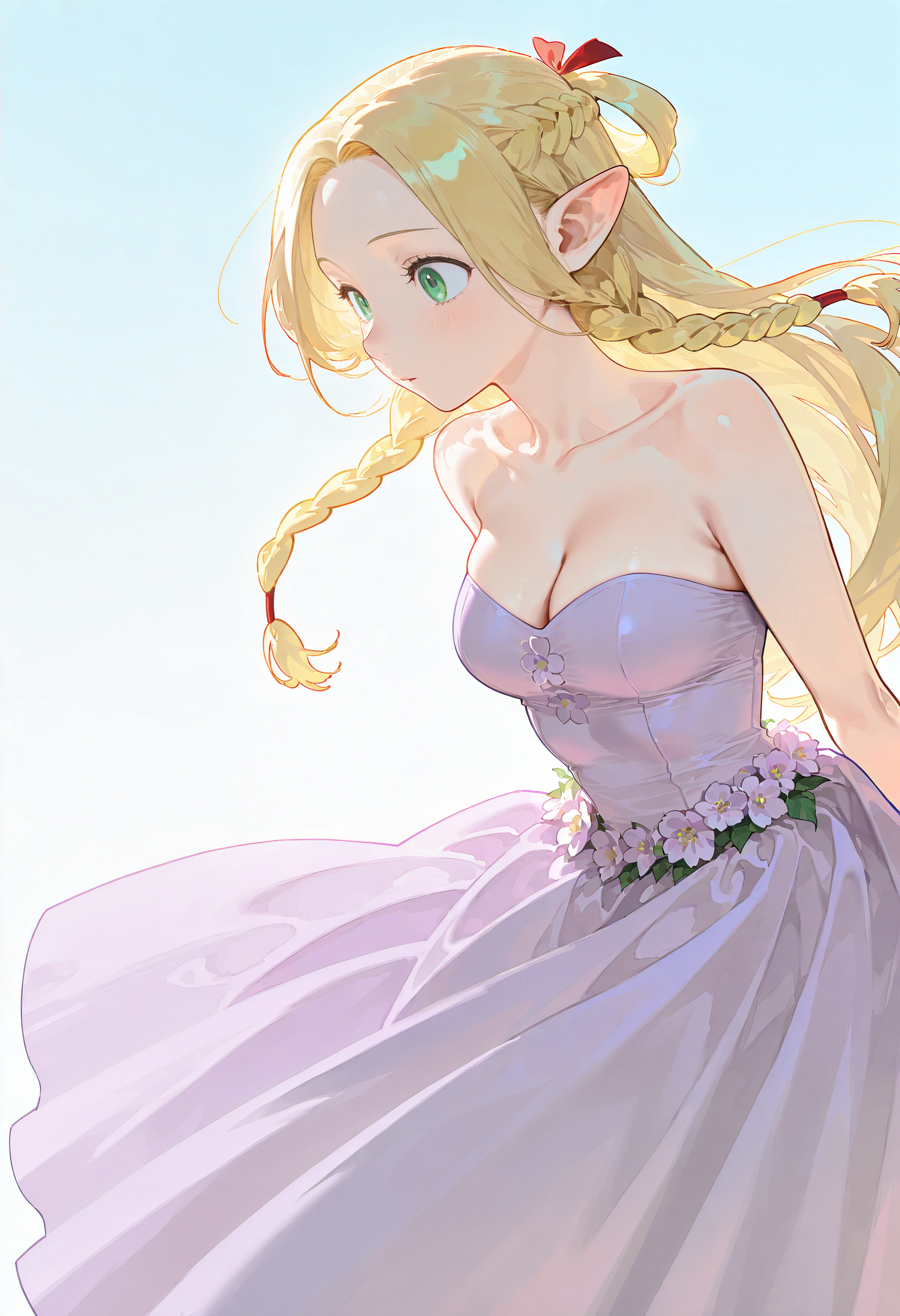 1girl, solo,marcille_donato, purple dress, strapless, flower,
