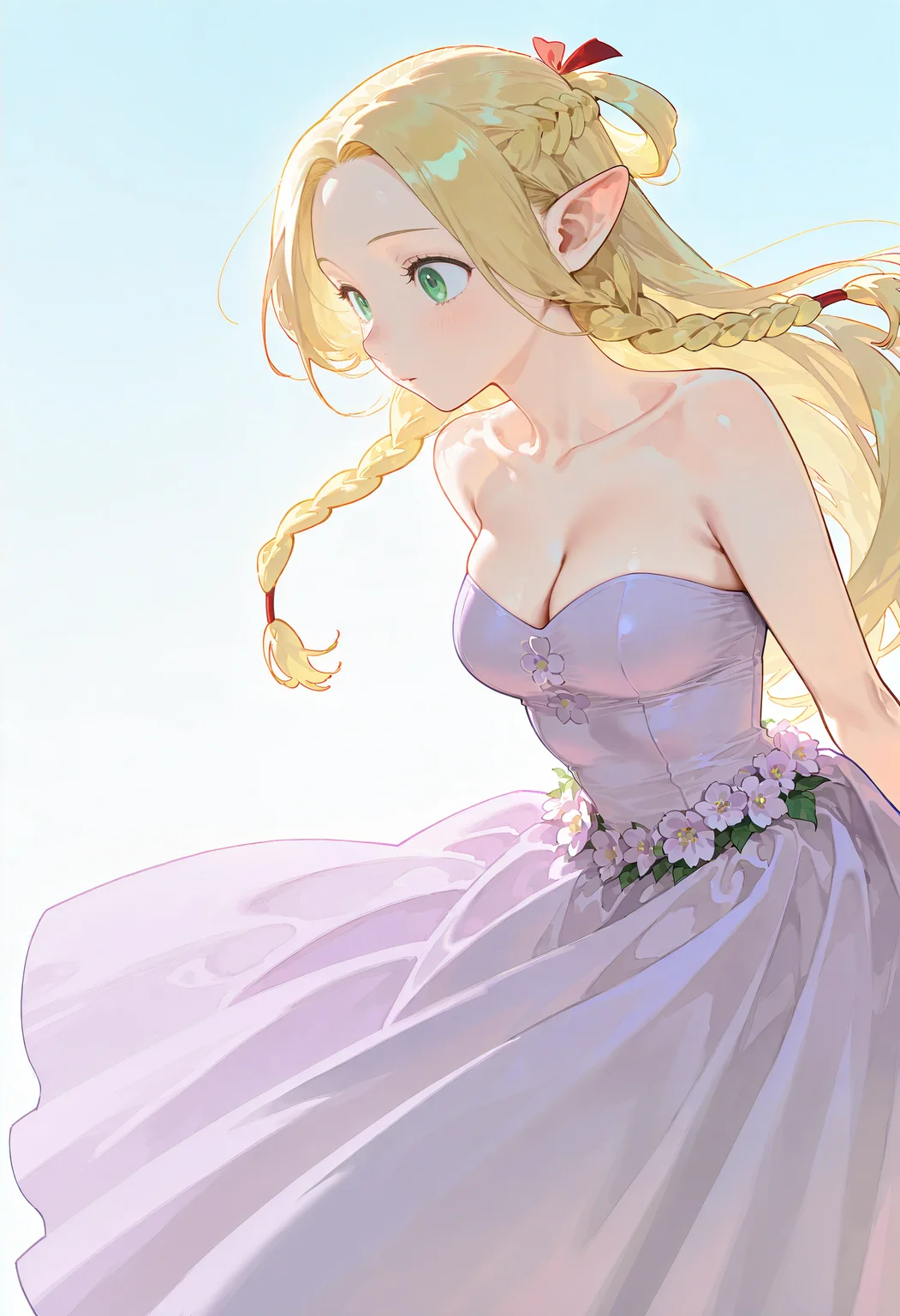 1girl, solo,marcille_donato, purple dress, strapless, flower,