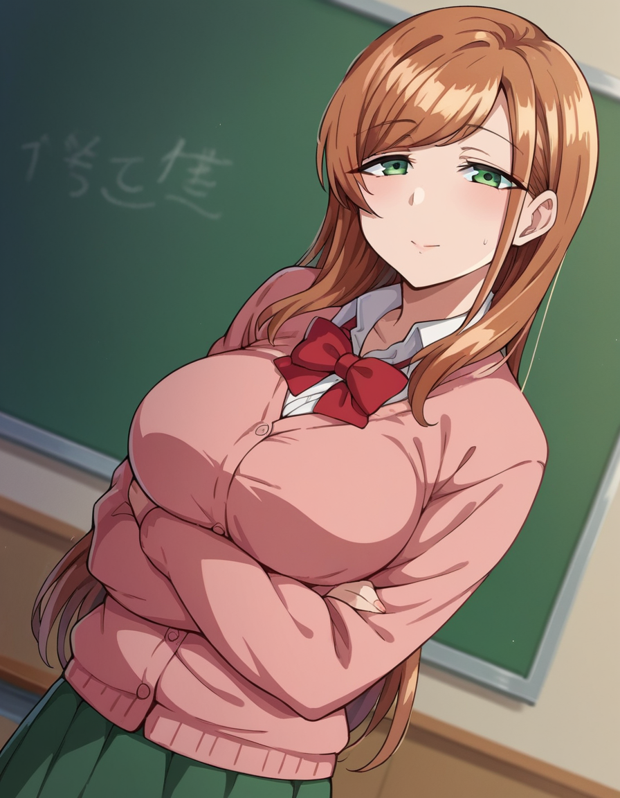 score_9, score_8_up, score_7_up, source_anime,
minakosanada, <lora:minako-sanada-ponyxl-lora-nochekaiser:1>
minako sanada, long hair, brown hair, green eyes, mature female,
long sleeves, bow, school uniform, bowtie, red bow, cardigan, pink cardigan, skirt, green skirt,
indoors, classroom,
looking at viewer, dutch angle, cowboy shot,
