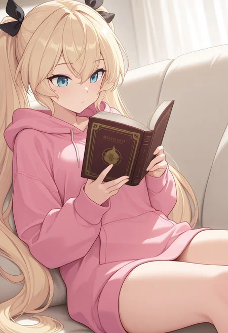 masterpiece, best quality, absurdres,
1girl, Mao, blonde hair, long twintails, reading, pink oversized hoodie, inside, sitting on couch, invested in a book,
