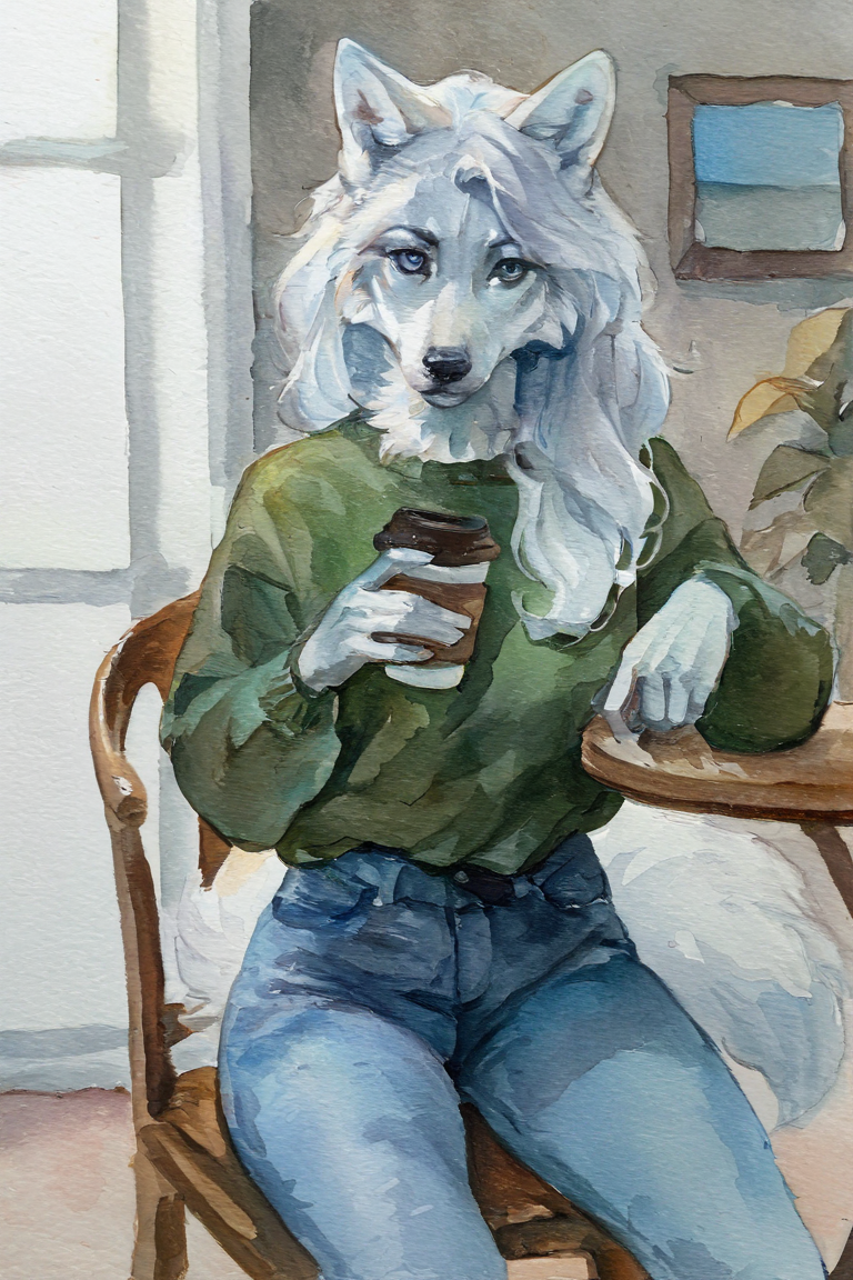 masterpiece, best quality, highres, newest, traditional media, realistic, watercolor \(medium\), anthro, furry, wolf, white fur, long hair, white hair, blue eyes, green sweater, long sleeves, blue jeans, holding cup, coffee cup, 1girl, solo, looking at viewer, cowboy shot, sitting, on chair, indoors, cafe <lora:Blue Water [LoRA] - NoobAI-XL EPS 1.0:0.8>