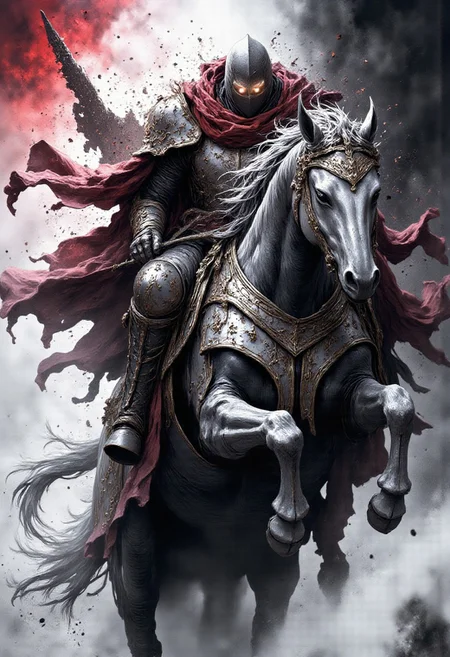 A White and Red illustration ,( for freedom) depicts a knight wearing a full-length hooded cloak astride a horse in mid-gallop. The horse's mane and tail flow in motion, with wisps of smoke surrounding both rider and mount. The knight's cloak billows dramatically behind him, revealing intricate metal armor beneath. The horse's muscles are detailed with precise anatomical accuracy, its hooves raised in full stride across a smoky, atmospheric background. High-contrast black and white digital art with hyper-realistic rendering and sharp detail resolution