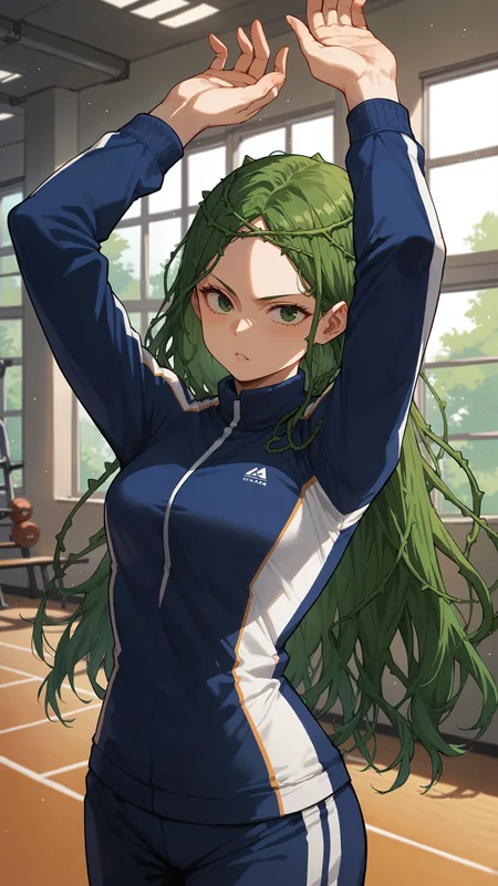 score_9,score_8_up,score_7_up,score_6_up, <lora:xl_more_art-full_v1:0.5>, source_anime, girl, dynamic pose, arms up, <lora:Ibara Shiozaki (Vine) - Pony:0.8>, long hair, green hair, vine hair, green eyes, blue tracksuit, school gym, long sleeves,