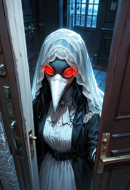 score_9, score_8_up, score_7_up, extremely detailed, detailed background, source_anime, plague doctor, long beak, white veil, fancy veil, holding poison vial, white plague doctor mask, gothic city background, night, lowlight, clouds of poison, glowing eyes, white surgery dress, looking at viewer, close up, from above, doorway entrance, in front of door
