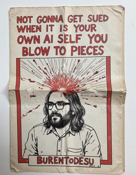 vintage punk fanzine titled "NOT GONNA GET SUED WHEN IT IS YOUR OWN AI SELF YOU BLOW TO PIECES" with Burentodesu man with a beard and glasses and long hair making a horrific tragic mistake, sparking, farting fireballs, head exploding, top of head is a geyser of blood.