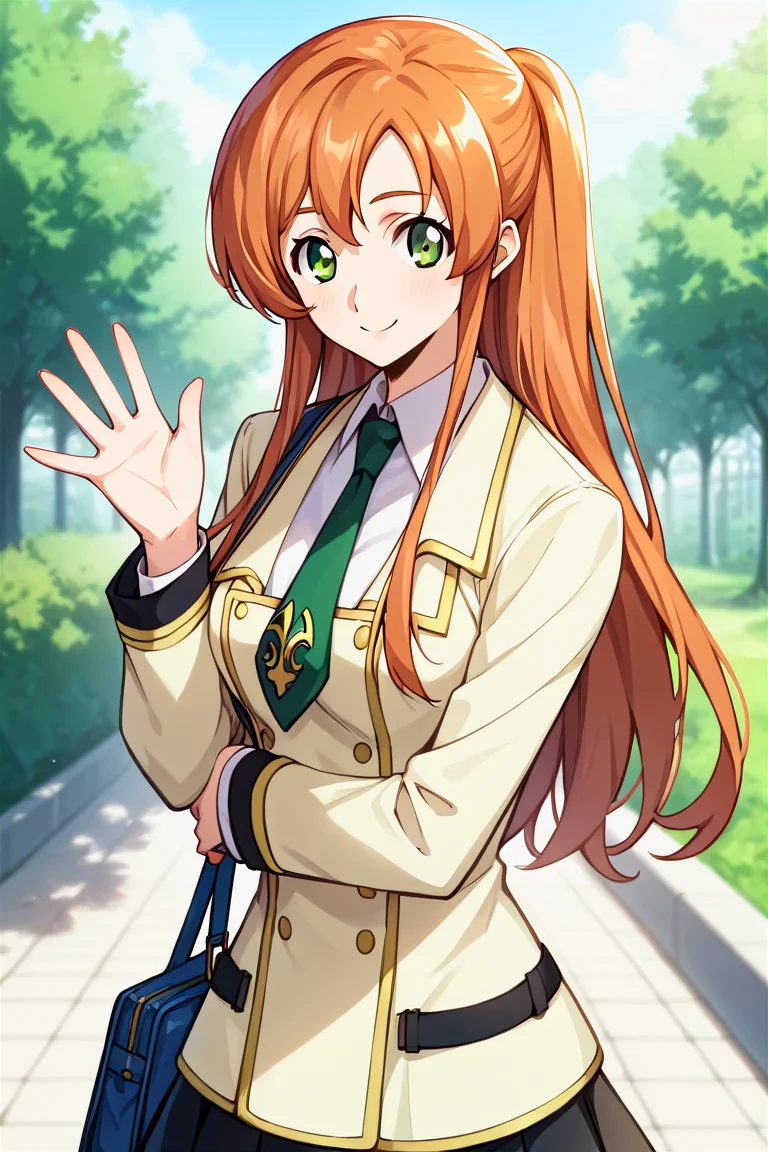 score_9, score_8_up, score_7_up, score_6_up, score_5_up, score_4_up, rating_questionable, , source_anime, digital illustration, pixiv, fanbox, uncensored, , BREAK, official art,
1girl, solo, female, shirley fenette, orange hair, green eyes, long hair,
school uniform, ashford academy school uniform, necktie, waving, outdoors, light smile, blush, cowboy shot, looking at viewer, <lora:Shirley_fennete_Pony:0.8>