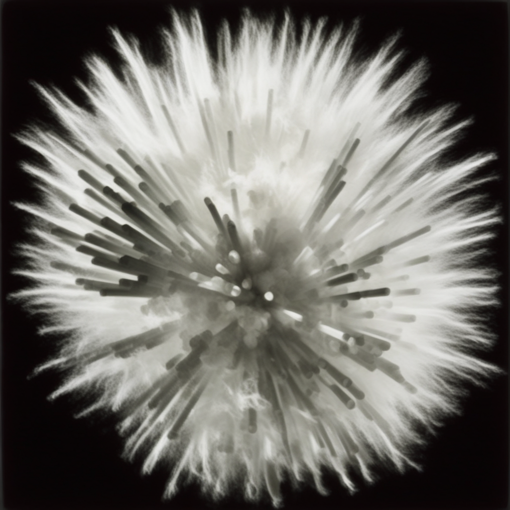 energy, fragile details of this natural or organic element, creating a dynamic burst-like or exploding effect against the stark black background. The arrangement creates a sense of movement, and a fusion of organic and architectural elements. The monochromatic color scheme and the bold, spectral quality. While the specific meaning or intent behind the artwork is not immediately clear