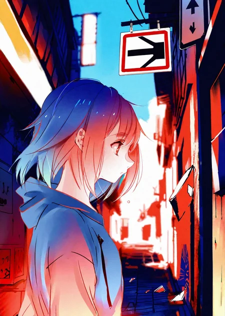 a woman with medium-length colorful hair wearing hoodie walking under a broken sign in an alleyway
close up
anime
dramatic lighting
gradient
pixiv request, pixiv fantasia, pixiv sample,
by ajimita,
best quality,