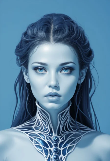w4t3relemental style, 1girl, solo, looking at viewer, blue eyes, colored skin, eyelashes, portrait, makeup, simple background, upper body, blue theme, lips, splash, ethereal, water, waves, made of water, partially submerged, ocean, blue theme, ultra sharp, BREAK PonyXLV6_Scores