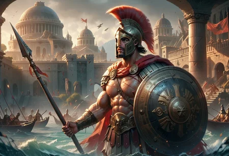 score_9, score_8_up, score_8, male spartan warrior, hyper-realistic, bronze armor, Corinthian helmet, red horsehair crest, muscular physique, large round shield, ancient Greek symbols, battle scars, long spear, poised for thrust, rugged mountainous terrain, dusty battlefield, intense focus, unyielding determination, earthy tones, bronze, brown, historical authenticity <lora:SpartanArmor:0.5> Spartan armor, Spartan helmet, red cloak, <lora:Spartan_Spear_and_Shield:0.75>, spear warrior, background ancient Greek mountain coastline with a view of the Greek Aegean Sea with boats and Greek islands, <lora:add-detail-xl:0.75>, <lora:blood bath-GMR:0.35> Blood Bath,  <lora:d\EnvyActionShotXL01:0.65> action shot