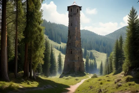 realistic analog photo, award winning photo, vary wide shot of stone witow tower:1.3, no humans, scenery, blue sky, dirt road, pine trees, dry grass, Desert, nature, outdoors, RAW, highres, 8k, uhd, High Dynamic Range, tonemapping, crisp details, portcullis,