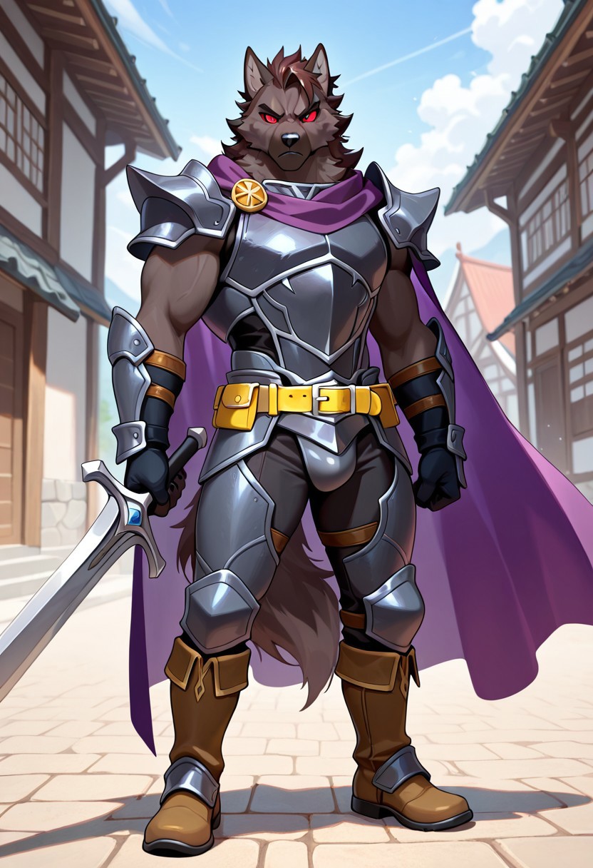 masterpiece, best quality, amazing quality, absurdres, hi res, high quality, 4K, furry, 1boy, solo, male, adult wolf boy, slim body, muscular, spotless dark brown fur, spotless fur, wild hair, red eyes without pupils, red sclera, dark grey armor, light brown boots, yellow belt, purple cape, central, angry, looking at the viewer, holding one straight sword in each hand, detailed background,full body portrait