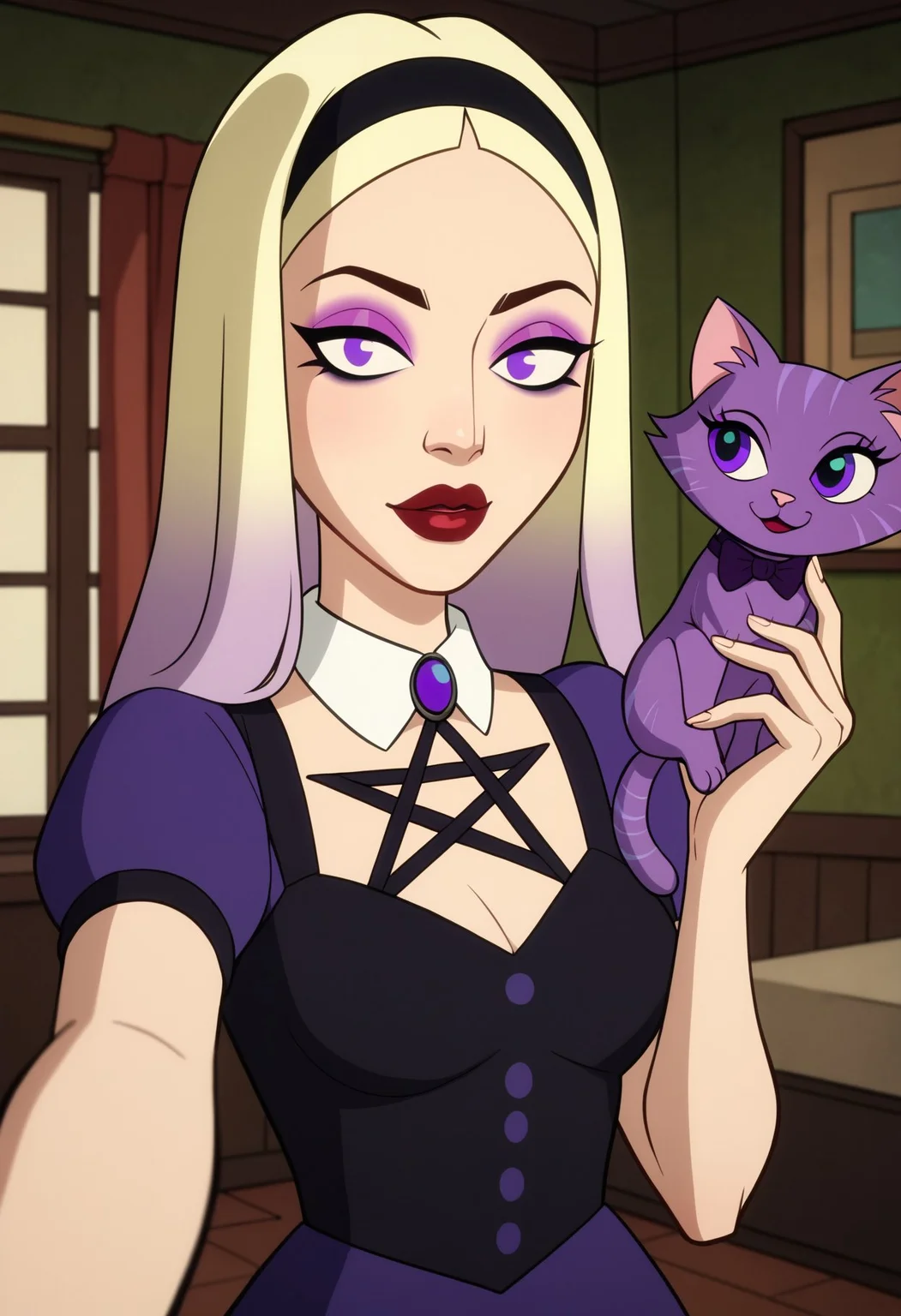 score_9, score_8_up, score_7_up, score_6_up BREAK, making selfie, 1girl, blonde hair, black hairband, makeup, purple eyes, long hair, dress, gradient hair, puffy short sleeves, red lips, pentagram knot, mal1c3-dh, holding cat <lora:Malice_-_Kite_Man:0.7>
