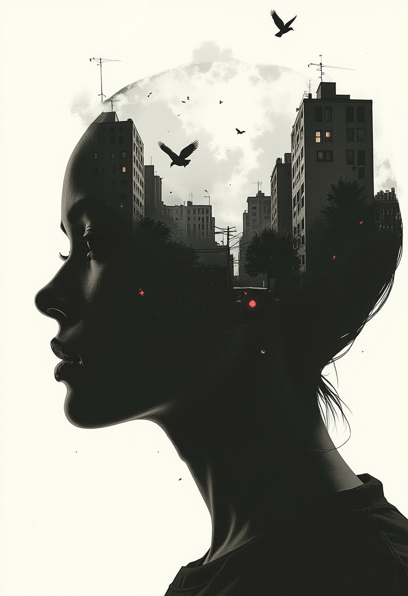 silhouette of a person's head, within which there appears to be a cityscape with buildings. (birds FLY BETWEEN BUILDINGS, INTO THE DISTANCE), giving a sense of openness and freedom. The visual style blends the human form with an urban landscape. The monochrome tones