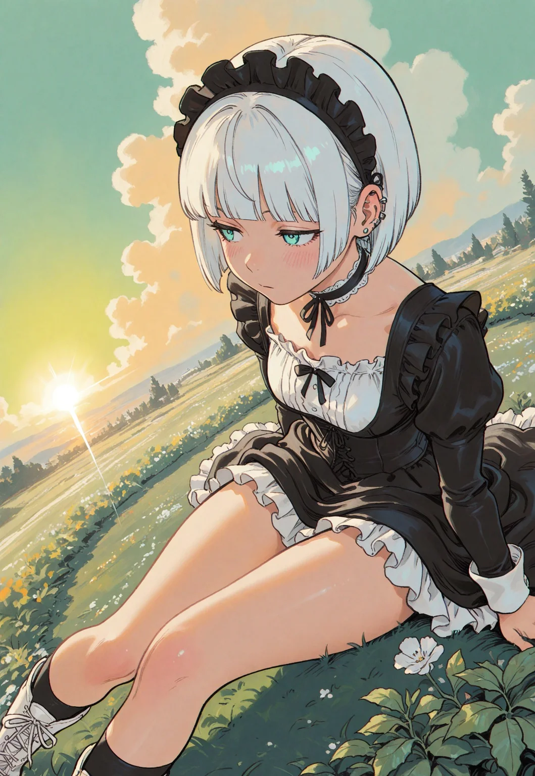 masterpiece, ultra-HD, cinematic lighting, photorealistic, impressionism, high detail,  dramatic lighting, best quality, very aesthetic, 8k, fisheye lens,
simple pastel gradient green background, thick clouds, half close-up, from above,
multicolored white hair, bobcut hair, blunt bangs,
blushing, asian girl, [[small head]], pretty girl, korean girl, choker, ear pierces,
emotionless, slim body, frat chest,
dynamic angle, dynamic pose, portrait, girl,
victorian black maid dress, frilled skirt, black socks,  in a garden, decorative victorian gossamer clothes, dazed, white short boots,
half closed eyes, looking away, sitting, thick legs,
sunset, pastel cyan eyes, Flatline, Flat vector illustration, haiz_ai, chromatic aberration, 
rakugakingu,