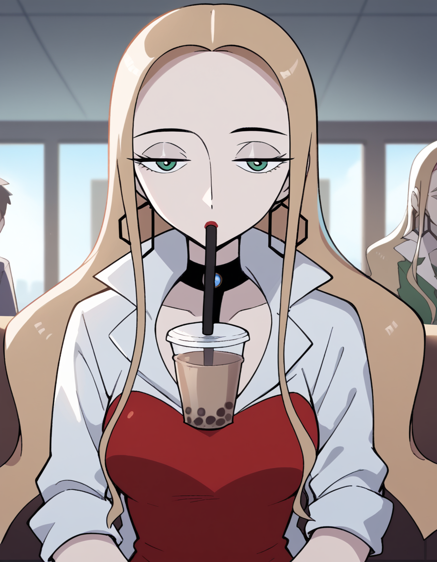 score_9, score_8_up, score_7_up, source_anime, <lora:pokemon-oleana-twilight-wings-ponyxl-lora-nochekaiser:1>, oleana, long hair, blonde hair, green eyes, makeup, half-closed eyes, red lips, forehead,, <lora:bubble-tea-challenge-ponyxl-lora-nochekaiser:1>, bubble tea challenge, bubble tea, object on breast, drinking straw, drinking straw in mouth, drinking, cup,, indoors, sitting, looking down, , cowboy shot, dutch angle