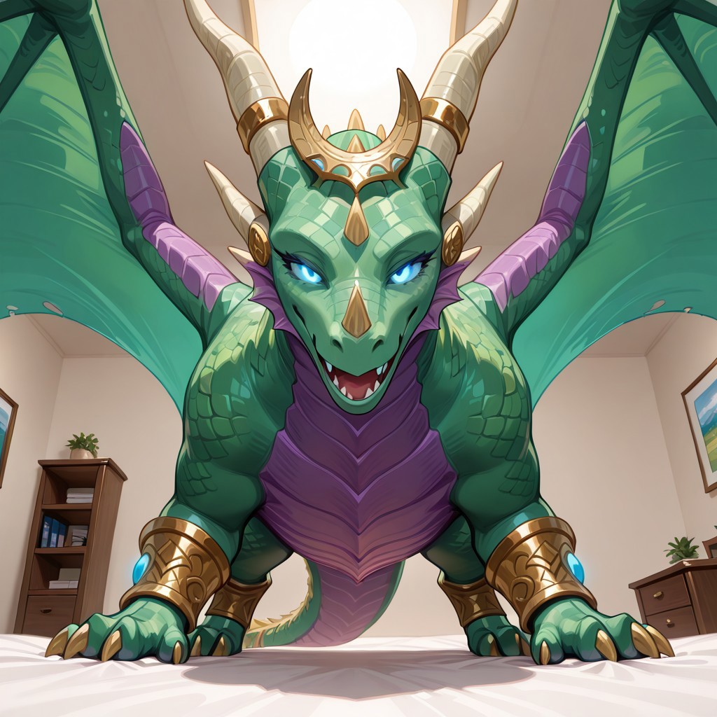 1girl, highres, absurdres, newest, masterpiece, best quality, furry, furry_female, ysera_wc, dragon, green scales, wings, horns, tail, claws, blue eyes, glowing eyes, headpiece, (standing, feral:1.3), detailed eyes, (on_belly, on_stomach), open_mouth, open mouth smile, luxurious detailed room, bright room, day scene, professional lighting, white bed, solo, bedroom, smiling, seductive, looking_at_viewer, masterpiece, close up, safe