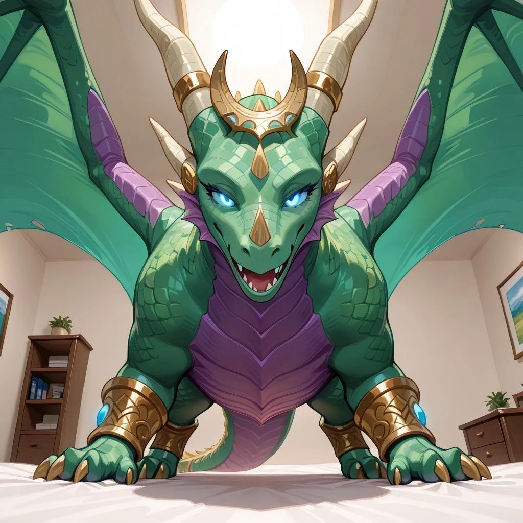1girl, highres, absurdres, newest, masterpiece, best quality, furry, furry_female, ysera_wc, dragon, green scales, wings, horns, tail, claws, blue eyes, glowing eyes, headpiece, (standing, feral:1.3), detailed eyes, (on_belly, on_stomach), open_mouth, open mouth smile, luxurious detailed room, bright room, day scene, professional lighting, white bed, solo, bedroom, smiling, seductive, looking_at_viewer, masterpiece, close up, safe