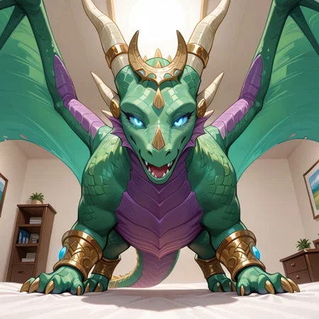 1girl, highres, absurdres, newest, masterpiece, best quality, furry, furry_female, ysera_wc, dragon, green scales, wings, horns, tail, claws, blue eyes, glowing eyes, headpiece, (standing, feral:1.3), detailed eyes, (on_belly, on_stomach), open_mouth, open mouth smile, luxurious detailed room, bright room, day scene, professional lighting, white bed, solo, bedroom, smiling, seductive, looking_at_viewer, masterpiece, close up, safe