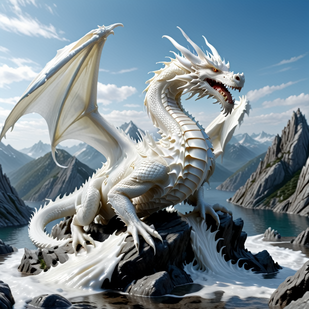a White wax Dragon on a mountain spreading his wings in the ocean  , (8k, RAW photo, best quality, masterpiece:1.2),best quality, ultra high res,  <lora:WaxStyle:1>