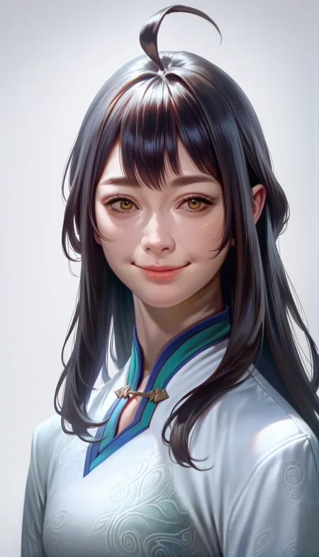 score_9,score_8_up,score_7_up,
<lora:xinxianying:0.9>,
xinxianying,
highres,photorealism,bloom,
1girl,solo,long black hair,bangs,ahoge,
yellow eyes,looking at viewer,smile,
white and cyan gown,blue underdress,
portrait,
white background,