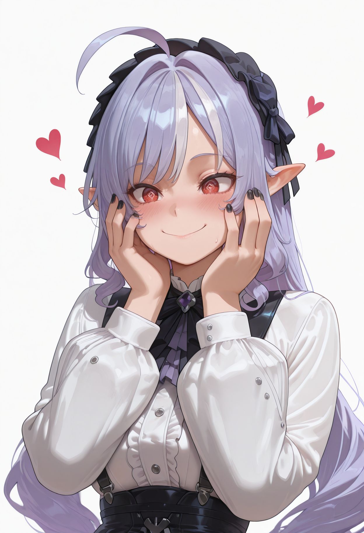 masterpiece,best quality,amazing quality, absurdres, <lora:vivian_zzz_ilxl_goofy:1> vivianZzz,red eyes,black hairband,frilled hairband,    1girl, heart, pointy ears, black skirt, white background, blush, white shirt, puffy long sleeves, simple background, center frills, ahoge, black nails, symbol-shaped pupils, smile, closed mouth, @ @, hands on own face, nail polish, puffy sleeves, high-waist skirt, upper body, suspender skirt, hands up, medium breasts,
