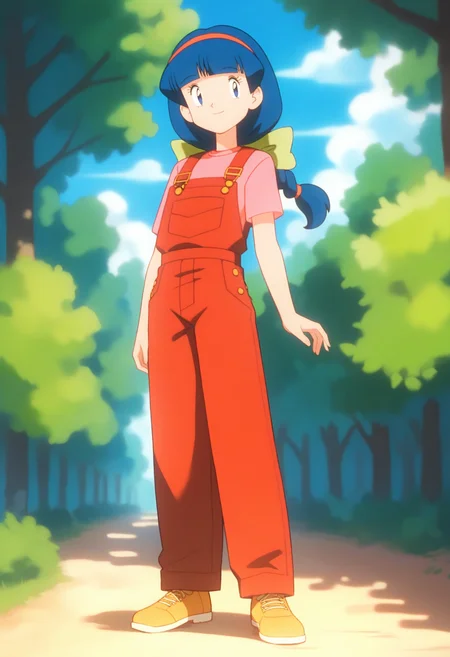 score_9, score_8_up, score_7_up, score_6_up, <lora:PMMelanie:0.9>, PMMelanie, aged up, blue eyes, blue hair, braided ponytail, blunt bangs, red hairband, green bow,
short sleeves, shirt, red overalls, pink shirt, yellow footwear,
standing, looking at viewer, solo, smile, cowboy shot, full body, 
BREAK blue sky, nature, sunlight, day,
