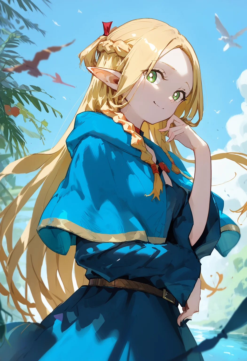 score_9, score_8_up, score_7_up, 1girl marcille, blue capelet blue robe belt, french braid twin braids, light smile
<lora:style_dino:1> <lora:falin_marcille_pony_d16:1>