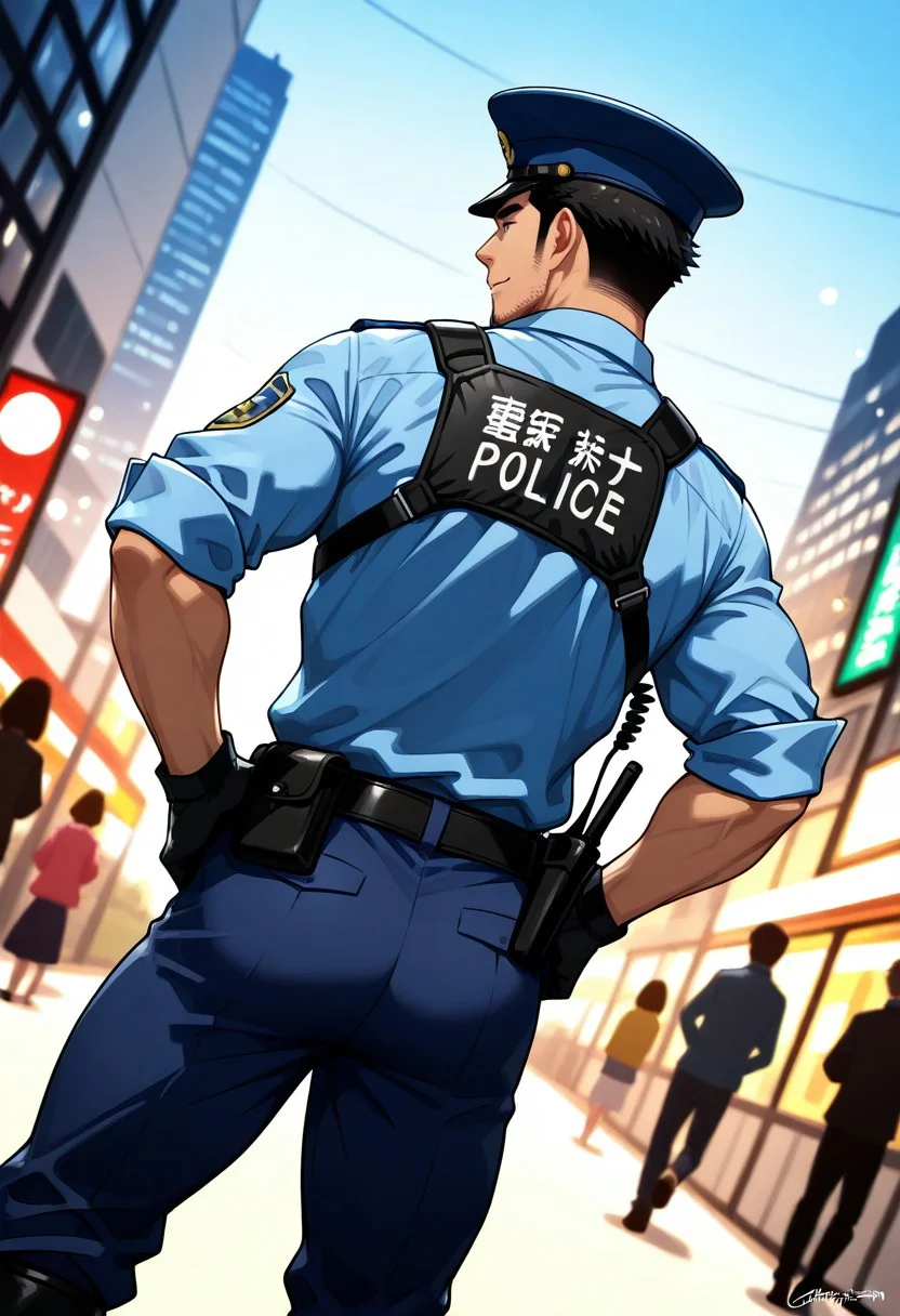 score_9, score_8_up, score_7_up, score_6_up, perfect anatomy, perfect proportions, best quality, masterpiece, high_resolution, high quality, aesthetic, absurdres, (male focus, adult, mature, masculine, manly, virile, hunky, macho, beefy, gay, homo, bara), handsome, charming, alluring, heroic, triumphant, grim, stern, BREAK (asian male, japanese male, dark hair, short hair, sideburns, facial hair, stubble), fit, BREAK Japanese Summer Police Uniform, HannekenJpPcSm01, light-blue collared shirt, tucked shirt, complete light-blue shirt back, blank shirt back, rank slides, rank insignia, sleeves rolled up, dark peaked cap, dark blue pants, walkie-talkie on hip, hip holster, utility belt, belt pouch, handcuff_pouch on hip, police baton on hip, black gloves, black boots, BREAK outdoor, back view, view from behind, view from back, standing, hands on hip, lean slightly forward, arms positioned near sides, looking away, japanese modern park, lights off, dark, night, blurred background, upperbody, dutch angle, cowboy shot, movie still, perfect face, vibrant, vivid, stardom, glamorous, extraordinary achievement, award-winning, expressionist, cinematic, cinematic still, emotional, harmonious, vignette, bokeh, cinemascope, moody, epic, gorgeous, depth of field