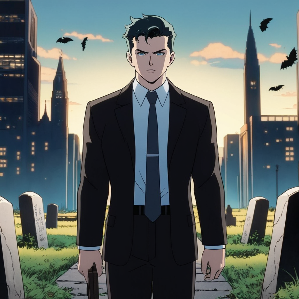 anime artwork of  <lora:Bruce Wayne:1.2>
Bruce Wayne a young boy in a suit and tie in grave yard In Gotham City Universe, anime style, key visual, vibrant, studio anime,  highly detailed
