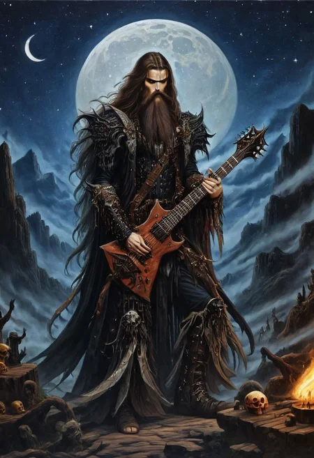 Macabre Fantasy style {1man, Long wavy hair, epic beard, playing a guitar, heavy metal guitar, axe guitar, on an outdoor stage, heavy metal music genre influence} . zavy-brbrn, dark, gothic, grim, magnificent, celestial, ethereal, painterly, epic, comic, majestic, fantasy art, cover art, dreamy, highly detailed,  In the style of Alex Horley, close up, starry night, crescent moon,