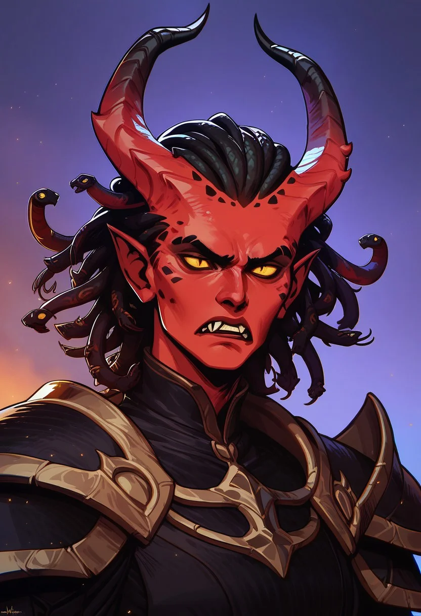 score_9, score_8_up, score_8, score_7_up, score_7, score_6_up, score_6, score_5_up, bulky tiefling, (black tipped horns:1.2), (snake hair, black snake hair), red skin, runes, shoulder armor, spikes, wizard robes, black clothing, claws, masculine face, wide jawline, angry, intense expression, yellow eyes, vox machine style, 1boy, male focus, solo, close up portrait , fantasy, night background, (dynamic lighting:1.1)
((masterpiece))