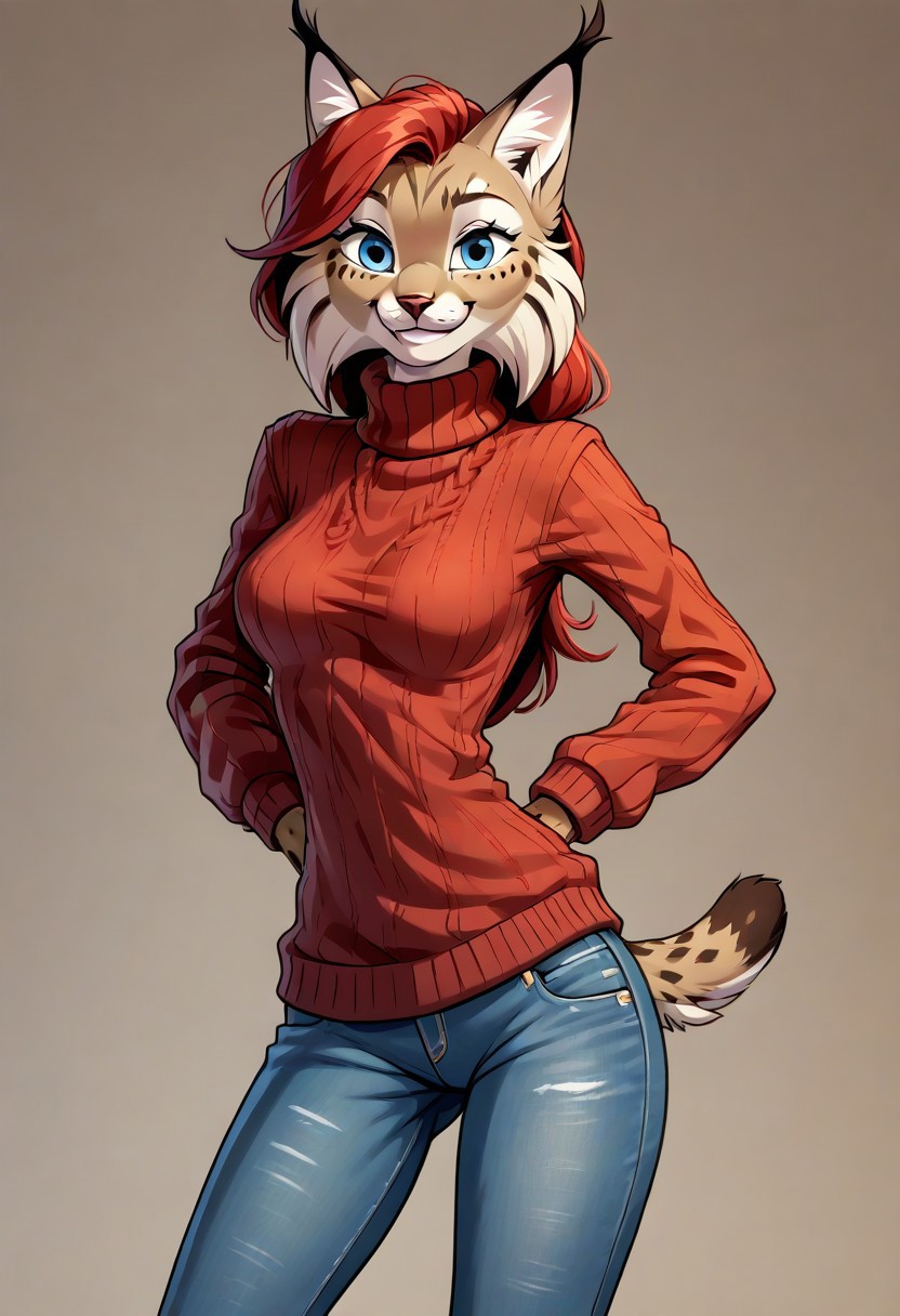 digital_media_(artwork) hi_res, score_9, score_8_up, score_7_up, score_6_up, source_furry, rating_safe, anthro, furry, female, furry female, detailed textured fur, fur tufts, lynx, red hair, blonde brown fur, spots, beautiful blue eyes, medium breasts, covered breasts, slim, slender, turtleneck sweater, denim jeans, smile, SFW, TottotoneroTP,