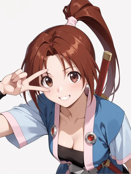 masterpiece,best quality,newest,
1girl,solo,
<lora:sakura_ilxl_v1.0>,sakura,high ponytail,brown hair,brown eyes,
s_clothes,short_sleeves,open clothes,belt,ribbon,black short culottes,
sheath_on_back,
<lora:Fixhands_anime_bdsqlsz_V1:1>,simple_background,white_background,face_focus,grin,light_blush,looking_at_viewer,smile,v over eye,cowboy_shot,standing,portrait,