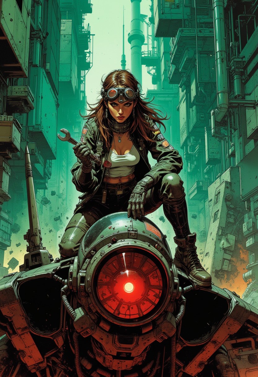 green and red contrast lighting, dynamic viewpoint, dynamic angle, 1girl, mech pilot, long brown hair, reflective pilot-goggles on head in hair, pilot clothing and partially unzipped one-piece jumpsuit exposing a white tank top, holding a wrench in One hand, ((kneeling)) on top of a crashed spacefighter, open service-hood in Front of pilot, pilot looking into open service-hood, ((cyberpunk industrial complex background))