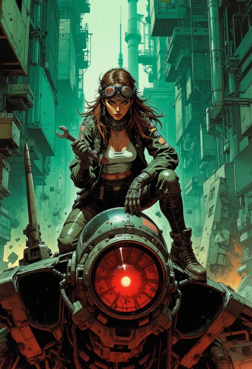 green and red contrast lighting, dynamic viewpoint, dynamic angle, 1girl, mech pilot, long brown hair, reflective pilot-goggles on head in hair, pilot clothing and partially unzipped one-piece jumpsuit exposing a white tank top, holding a wrench in One hand, ((kneeling)) on top of a crashed spacefighter, open service-hood in Front of pilot, pilot looking into open service-hood, ((cyberpunk industrial complex background))