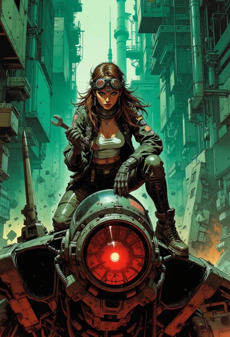 green and red contrast lighting, dynamic viewpoint, dynamic angle, 1girl, mech pilot, long brown hair, reflective pilot-goggles on head in hair, pilot clothing and partially unzipped one-piece jumpsuit exposing a white tank top, holding a wrench in One hand, ((kneeling)) on top of a crashed spacefighter, open service-hood in Front of pilot, pilot looking into open service-hood, ((cyberpunk industrial complex background))