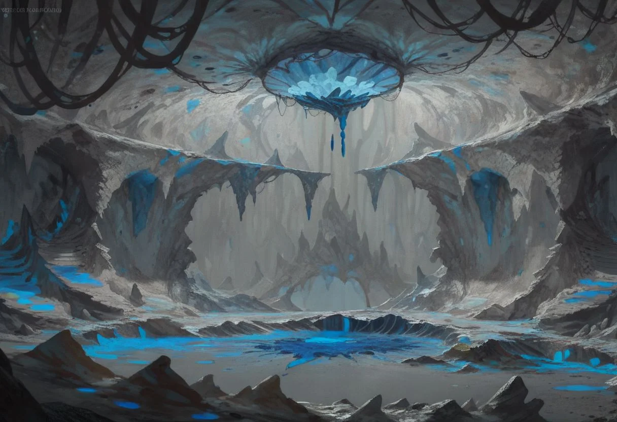 ASCIIcavern, organic ceiling, organic room, curved walls and doorways, ramps leading upward, frosted surfaces, ((blue lava floes, blue flames)), ice stalactites, ice stalagmites, asymmetrical, clean lines, highly detailed cavern, high quality, ((semi-realistic)), best quality, rating: g score_9, score_8_up