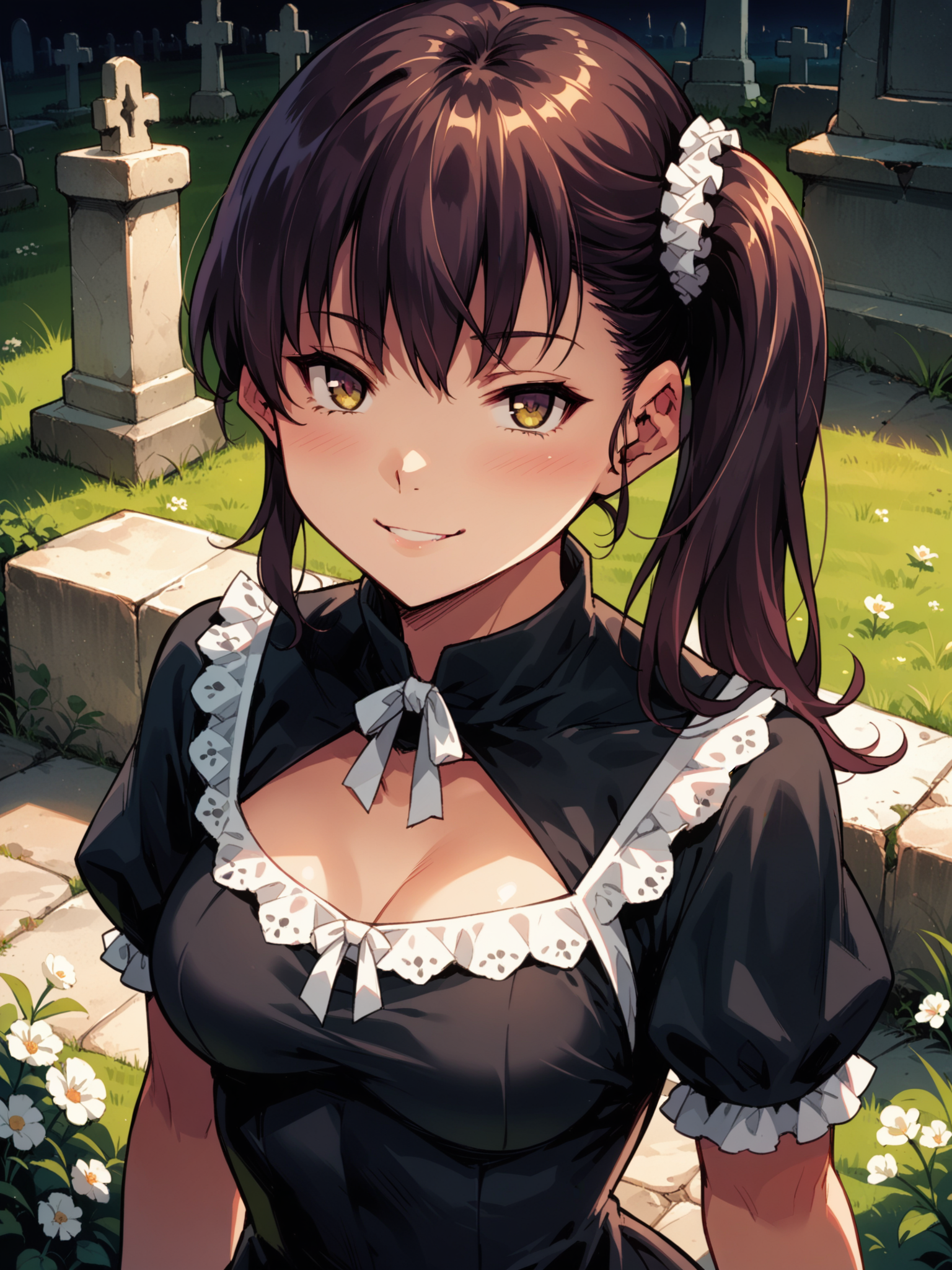 (cowboy shot, solo focus:1.1) <lora:happy_tentacle-risa-v0.3-000030:1>, ht_risa, side ponytail, hair scrunchie, medium breasts, (petite:1.2), <lora:Shed_The_Skin's StS_age_slider_v1_initial_release:-1.1> ( :1.1) ( , , ( :1.2) , seductive smile , (looking at viewer:0.6) :1.2) , outdoors, vegetation, ( :1.1), spring \(season\) , (dawn :0.6), , (:0.5), , (medieval :0.8), graveyard, funeral, (funeral dress, black dress, black veil:1.3) (( from above :1.1) :0.8) score_9, score_8_up, score_7_up, score_6_up, score_5_up, score_4_up, ( [(realistic, photorealistic:1.3):(realistic:1.2):16] [(3d:1.2)::14] :1) <lora:LUUNA's Lunas-NijiJourney-SDXL-B2:0.2>, nijijourney <lora:prgfrg23's Counterfeit-V3.0 Style SDXL_LoRA_Pony Diffusion V6 XL:0.35> <lora:mfcg's mfcgXL:0.12> <lora:reweik's gyokai(himehajime)_PonyXL_style_v01:0.14>