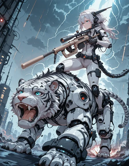 1girl, white bodysuit with black stripes, head gear, riding on giant mechanical tiger, 1nt3rv3nti0n, sniper rifle, (((foregrip))), bolt, holding rifle, hand on barrel, black grip, suppressor, <lora:m200_ill_v6.7_64_c:0.8>, storm, sci-fi, lighting, attack, dynamic angle, <lora:ck-nc-cyberpunk-IL:0.8> cknc,