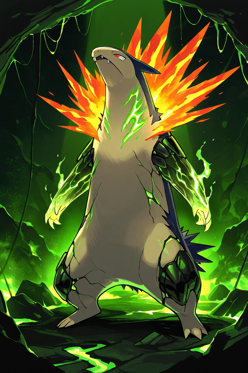 masterpiece, best quality, no humans, pokemon (creature), fire, <lora:TyphlosionPokedexIXL:1.0>, Biopunk, zzTyphlosion with biomechanical enhancement, glowing veins, organic armor, experimental, underground facility, genetic mutation, dark green lighting