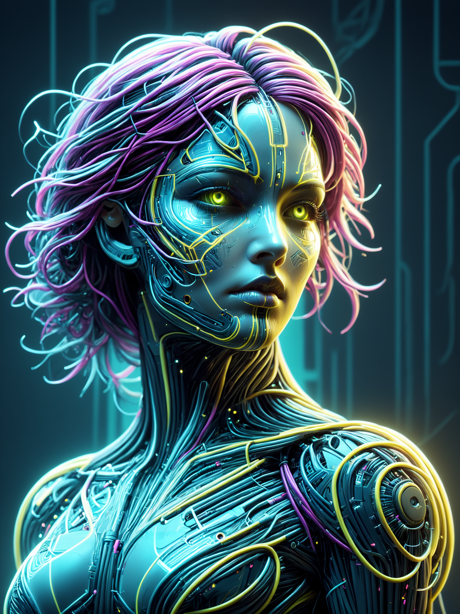 female cyborg made of mad-cable,  in the style of alphonse mucha, geometric pattern in the background, neon yellow lightning, neon teal lightning, neon magenta lightning, cables, wires, synthwave, vaporwave, retro futurism, circuitboard, dark futuristic <lora:Dark_Futuristic_Circuit_Boards:0.6>    <lora:Cables_SDXL:0.8>  <lora:Neon_Cyberpunk_SDXL_Cyberspace:0.5> mad-cyberspace, cyberpunk, scifi, 1980s, retro <lora:aesthetic:1> aesthetic <lora:sd_xl_dpo_lora_v1:1>, (masterpiece:1.2), best quality, (hyperdetailed, highest detailed:1.2), high resolution textures