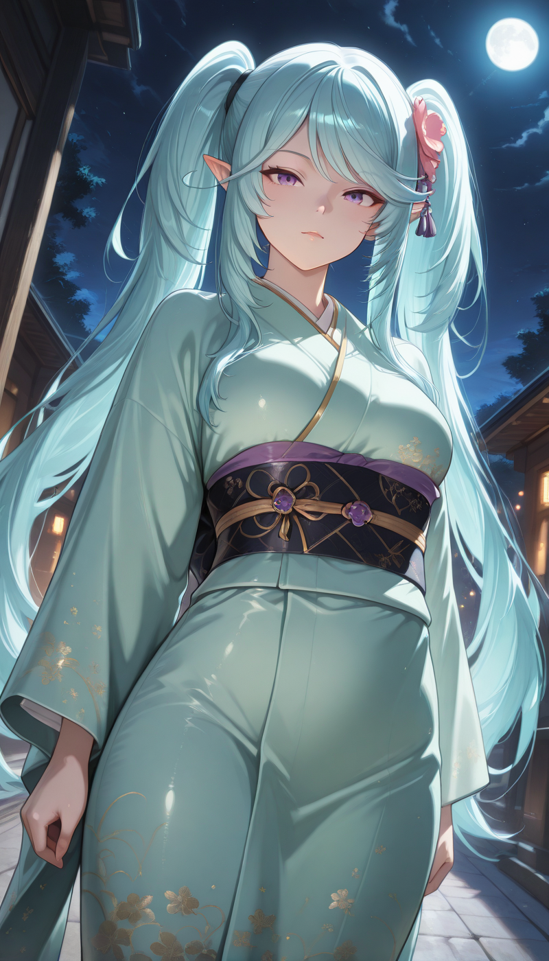 <lora:LCMTurboMix_Euler_A_fix:1> <lora:example_SDXL:0.3>, EZRealPONYXL, <lora:Dramatic Lighting Slider:3>
DSLR,realistic,cosplay photo, (very awa,masterpiece,best quality,year 2024,newest,absurdres,highres:1), realistic,skin texture,facial features, photography shot with Canon EOS 5D Mark IV , realistic, RAW, best quality, masterpiece, amazing quality, skin details,
1girl, highly detailed beautiful face, large natural breasts,
detailed background, shiny skin, dutch angle, night, moonlight,
beautiful detailed eyes, intricate details, absurdres, anime screencap,
 <lora:Epsilon_KageJitsu_ILXL_kill0825:1>
KageEpsilon, long hair, breasts, very long hair, twintails, small breasts, blue hair, purple eyes, pointy ears, aqua hair, elf, swept bangs, sidelocks, multicolored hair, 
long sleeves, hair ornament, flower, japanese clothes, hair flower, wide sleeves, kimono, sash, obi, pink flower, green kimono, aqua kimono, tassel, huge breasts,
dynamic pose,